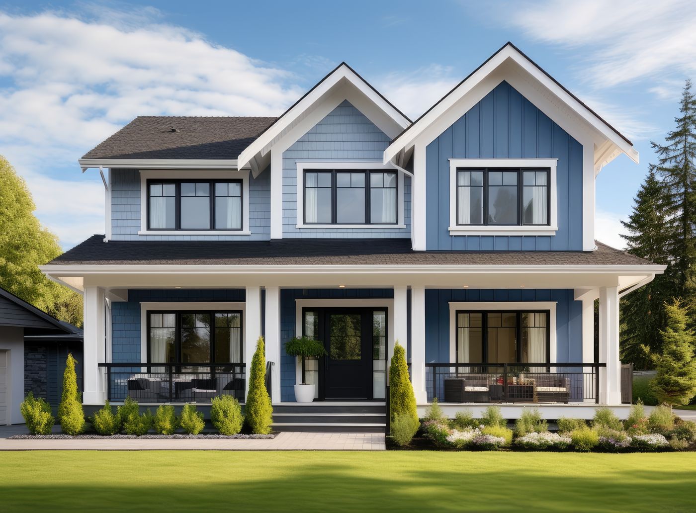 Clean blue-and-white Florida home exterior