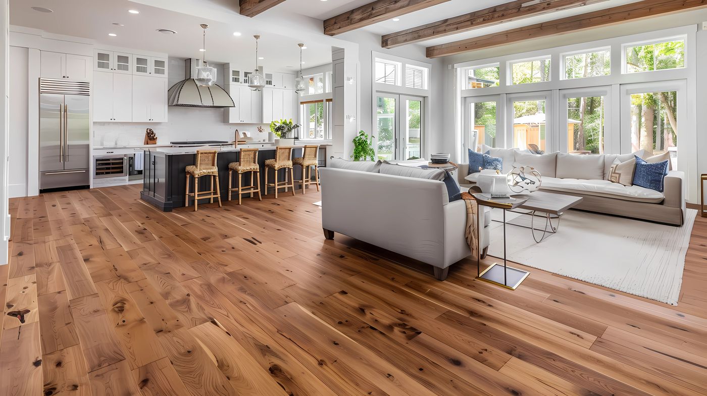 Clean hardwood floors in a bright kitchen and living space